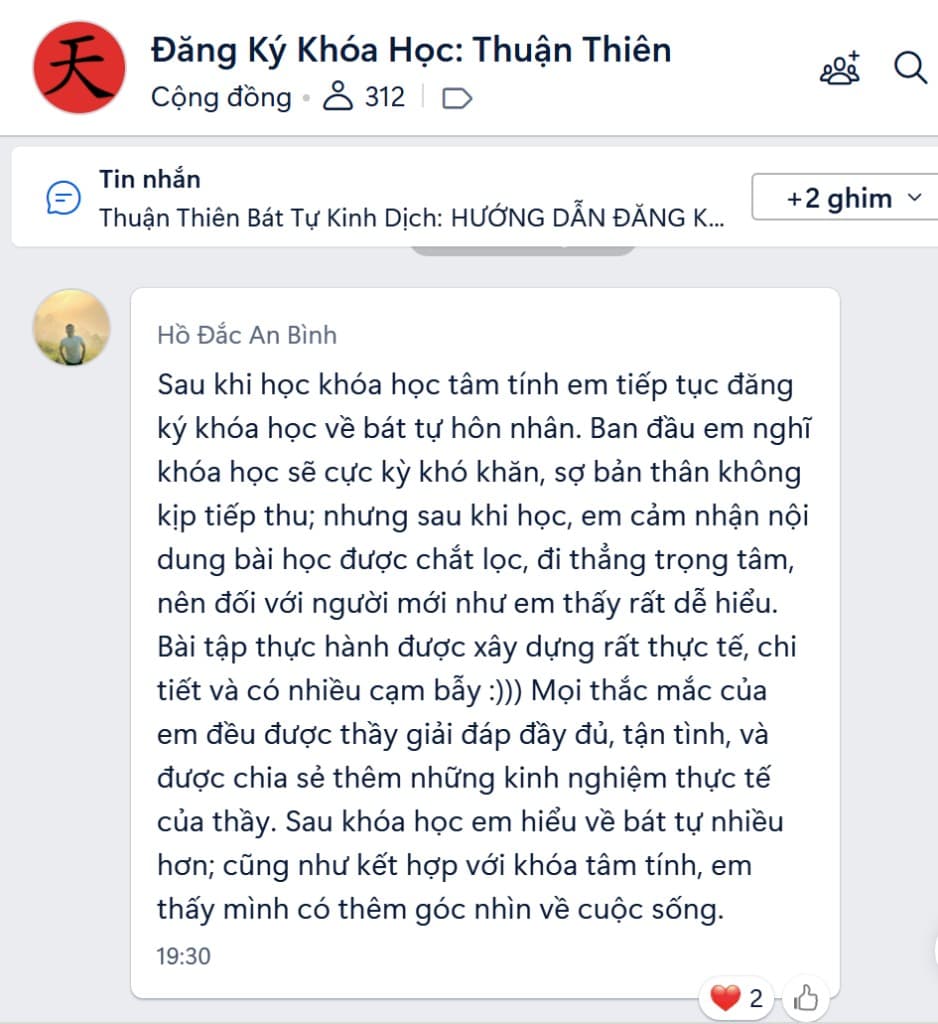 Feedback Hồ Đắc An Bình — khóa Bát Tự Luận Hôn Nhân