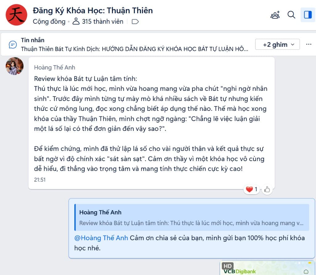 Feedback Hoàng Thế Anh — khóa Bát Tự Luận Tâm Tính