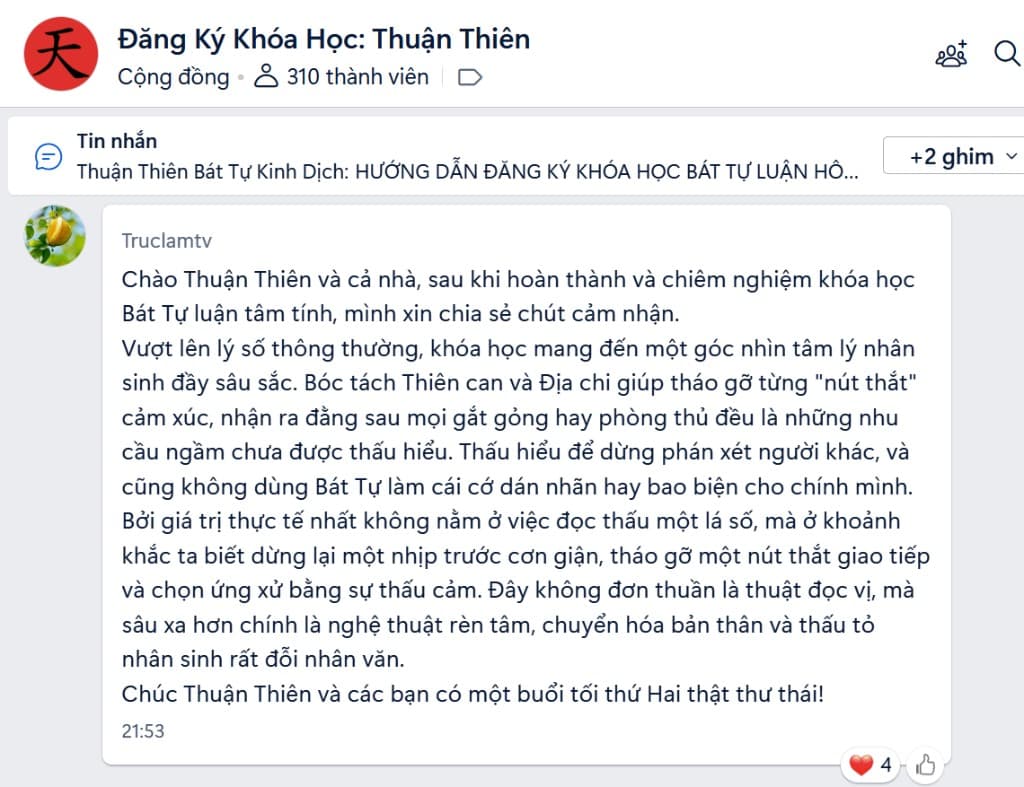 Feedback Truclamtv — khóa Bát Tự Luận Tâm Tính