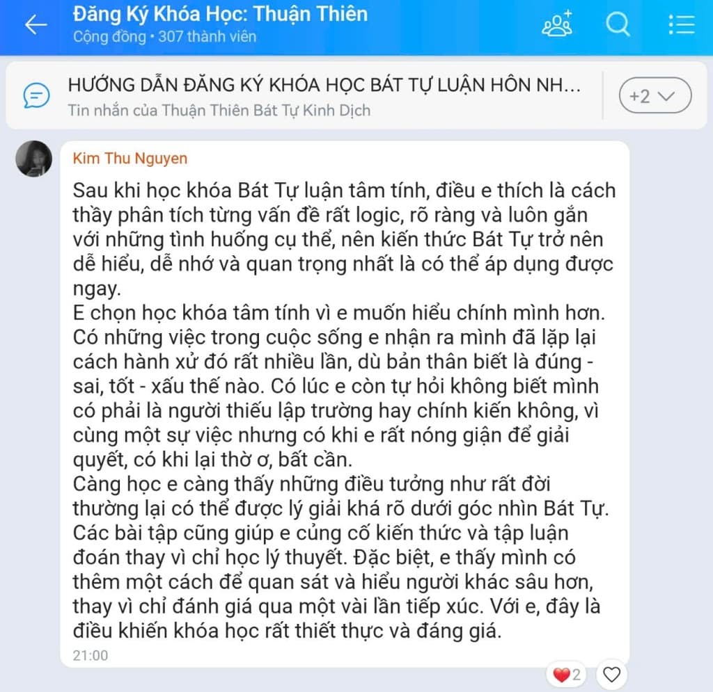 Feedback Kim Thu Nguyen — khóa Bát Tự Luận Tâm Tính